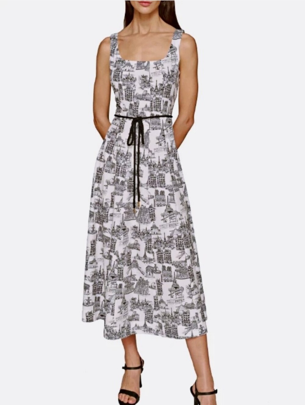 Karl Lagerfeld Black & White Toile Print A Line Pleated Flowy Midi Dress Sz-6